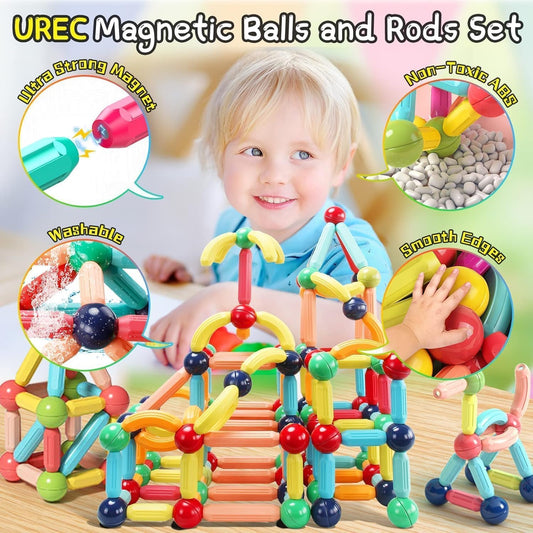 Jumbo Size Magnetic Sticks Building Blocks for Kids Magnetic Toys for Boys Age 3+ Year Old Educational Stem Learning Magnet Stick with Balls Game Set (64 Pcs Magnetic Sticks-Ball)