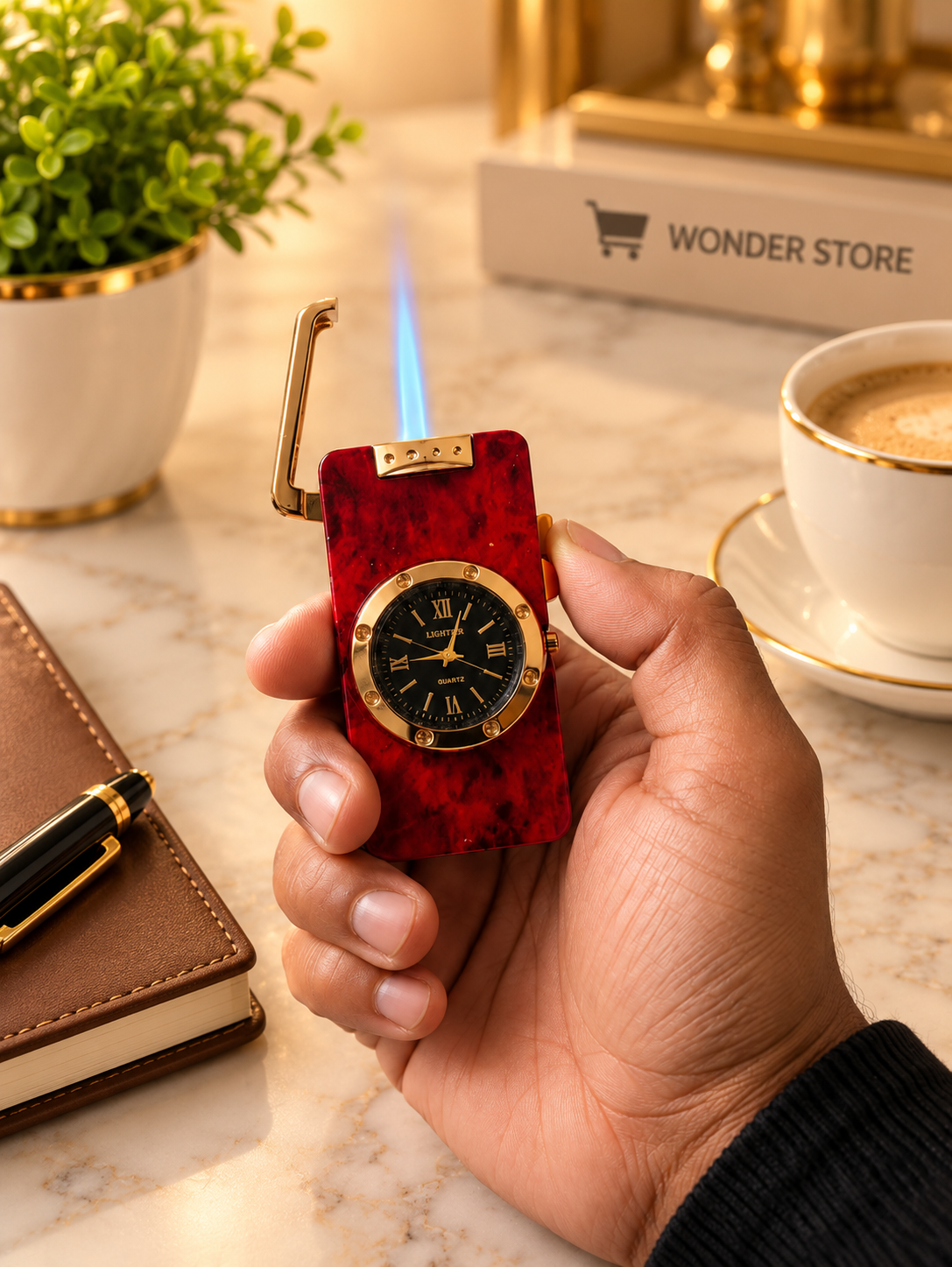 Metal Pocket Lighter with Quartz Watch, Red and Gold Vintage Design, Unique Lighter Gift for Men