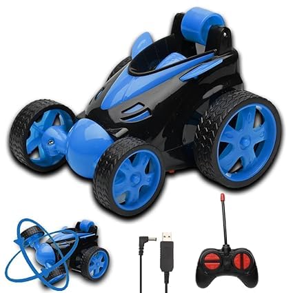 Rechargeable 360° Rotating & Rolling Small Stunt Car Toy with USB Cable & Remote Controller | Blue Color, Power Source: Lithium Battery in Car (Included)