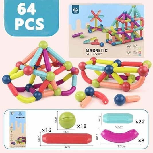 Jumbo Size Magnetic Sticks Building Blocks for Kids Magnetic Toys for Boys Age 3+ Year Old Educational Stem Learning Magnet Stick with Balls Game Set (64 Pcs Magnetic Sticks-Ball)