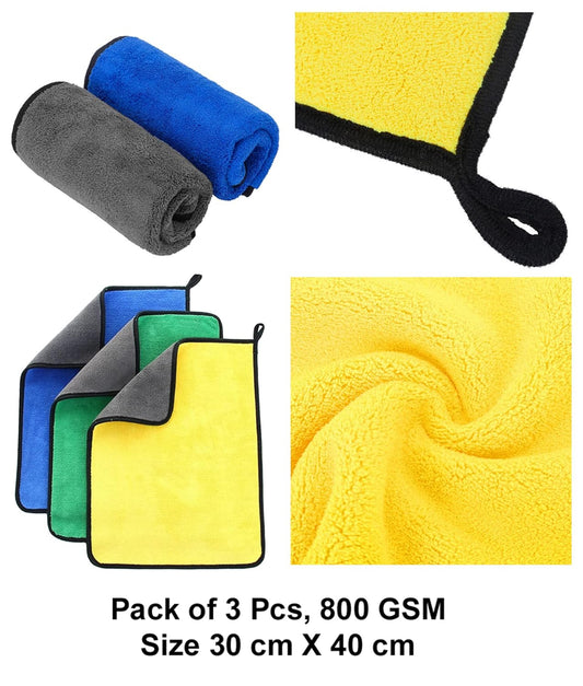 Microfiber Cloth for Car Cleaning (3 Pcs) - Ultra Soft, Thick Plush, Double Sided Microfiber Towel for Car Cleaning, Washing, Detailing, 800 GSM, 30 x 40 cm, Multicolour