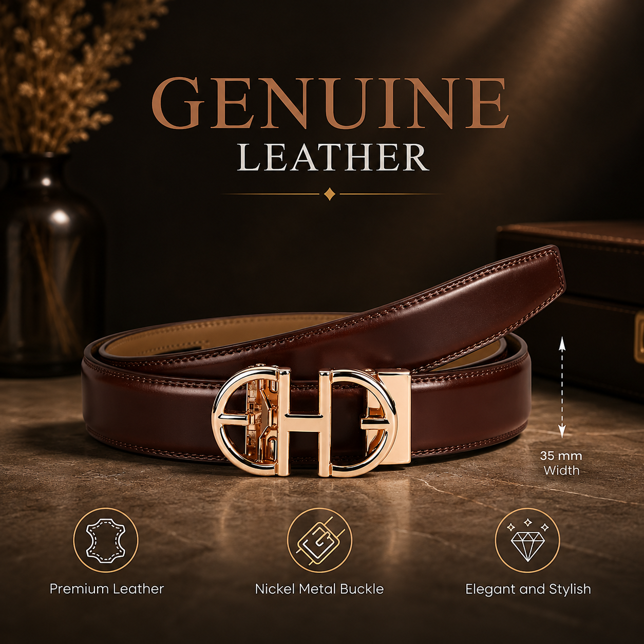 Premium Brown Automatic Leather Belt for Men | No-Hole Adjustable Ratchet Buckle