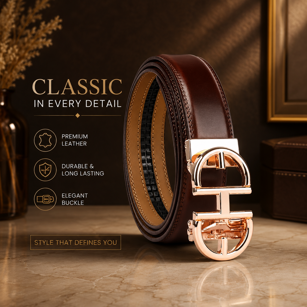 Premium Brown Automatic Leather Belt for Men | No-Hole Adjustable Ratchet Buckle