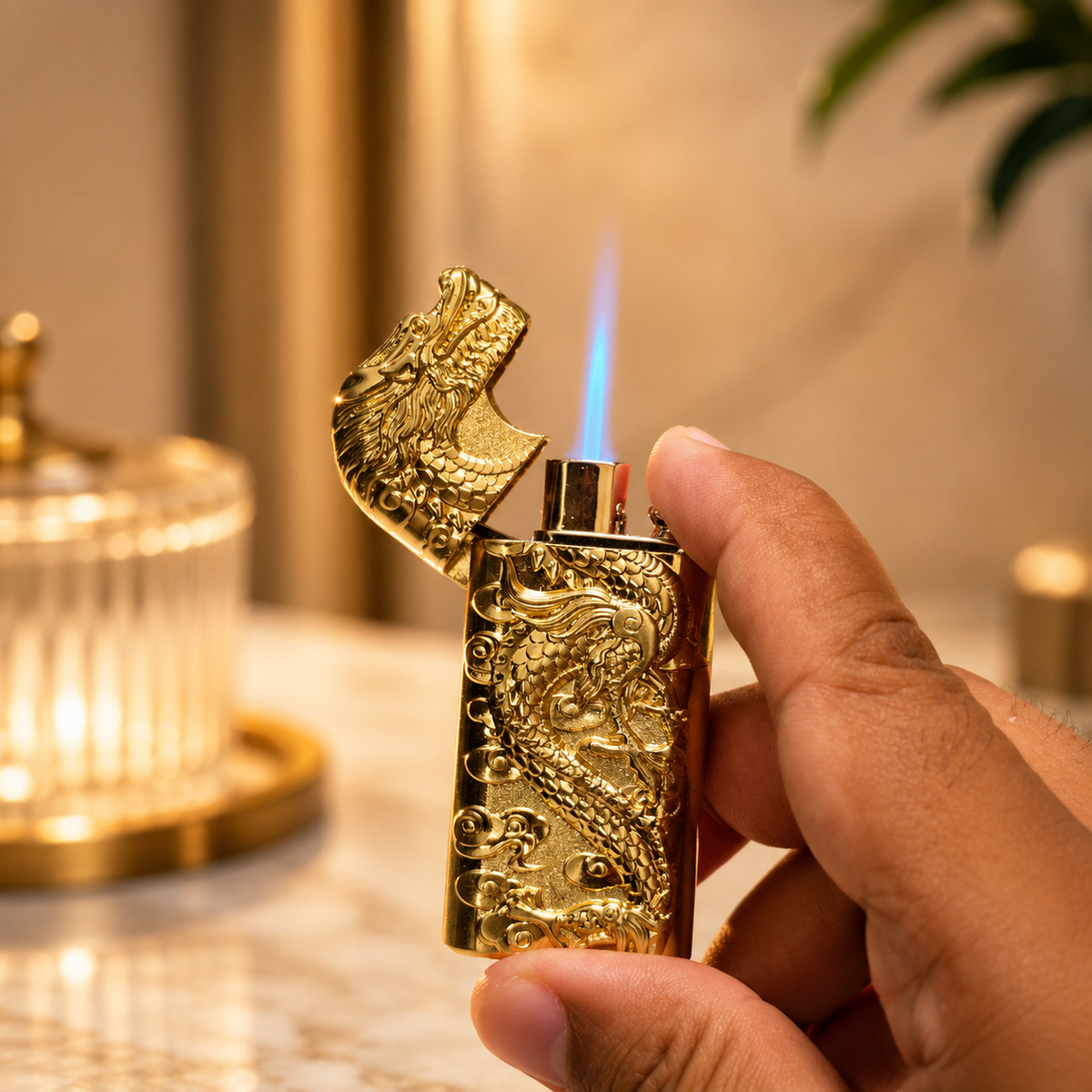 Golden Dragon Lighter with Blue Flame