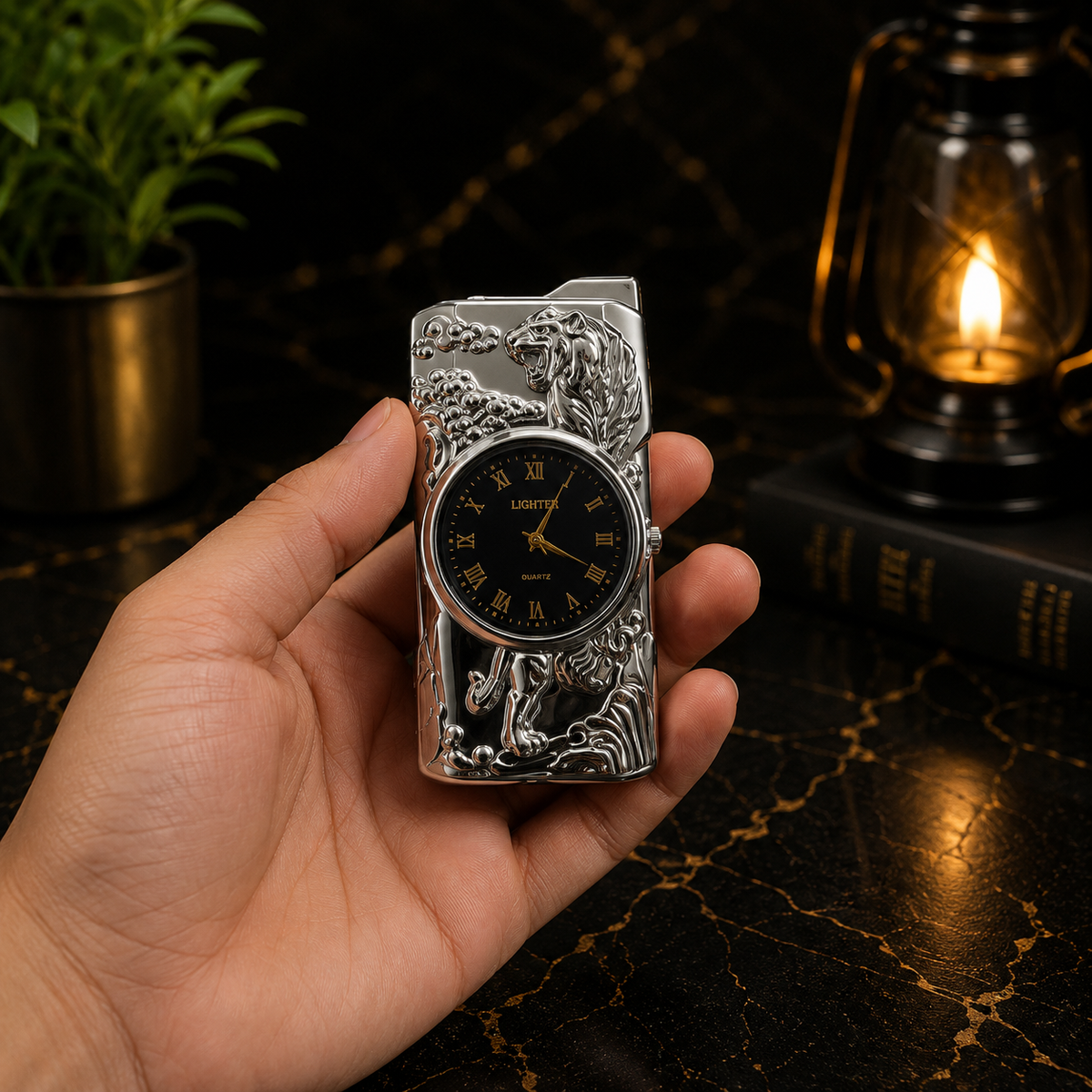 Silver Antique Clock Dial Refillable Metal Lighter