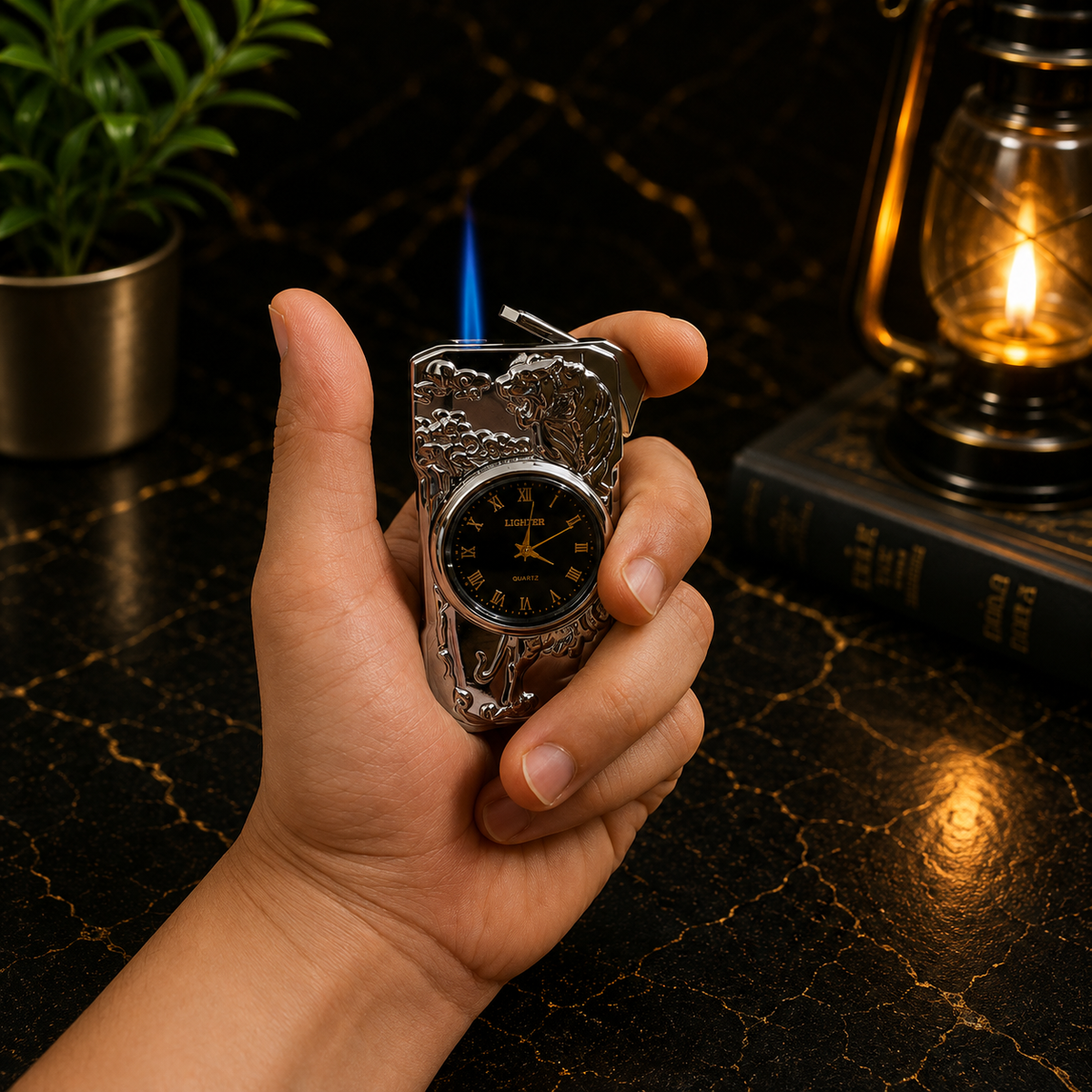 Silver Antique Clock Dial Refillable Metal Lighter