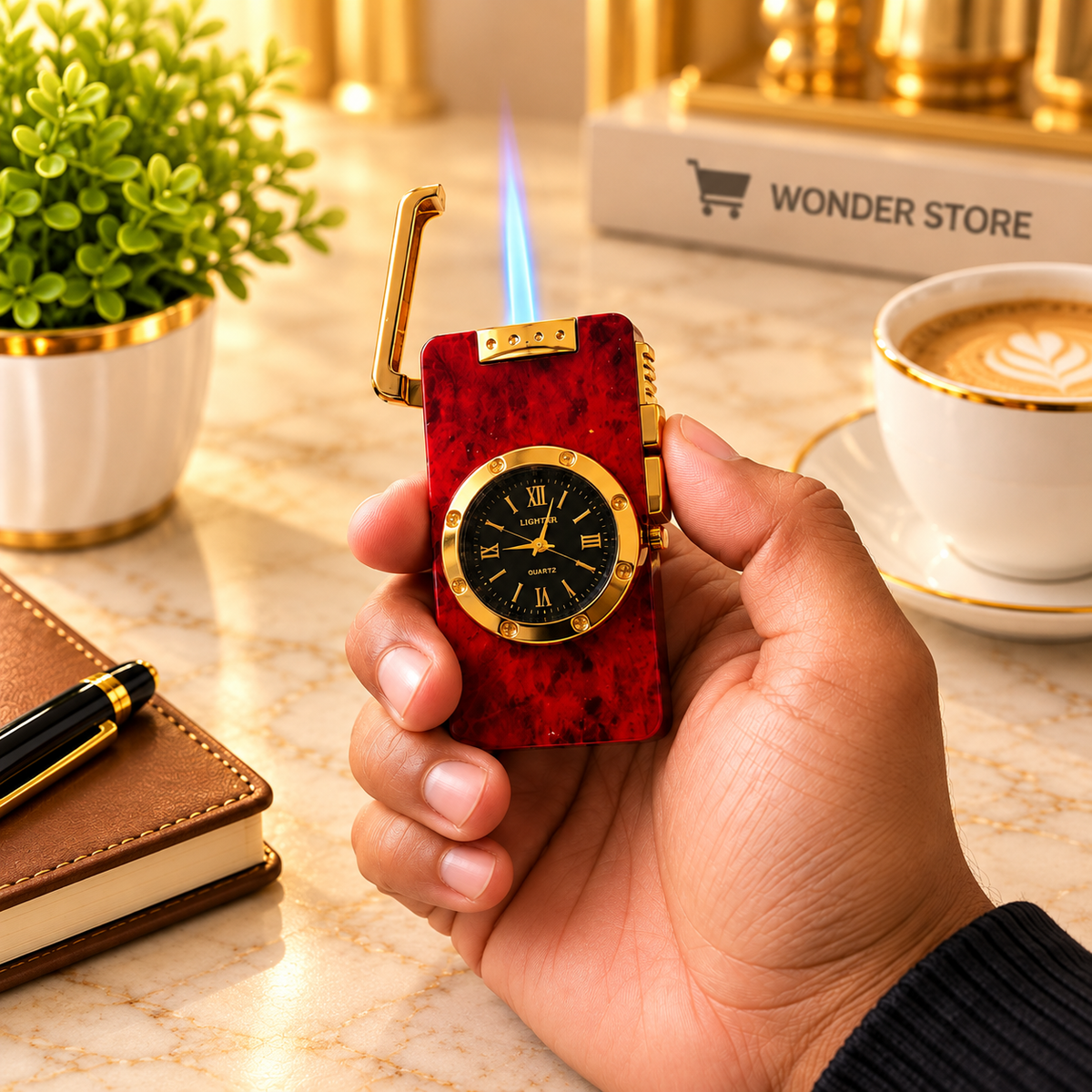 Metal Pocket Lighter with Quartz Watch, Red and Gold Vintage Design, Unique Lighter Gift for Men