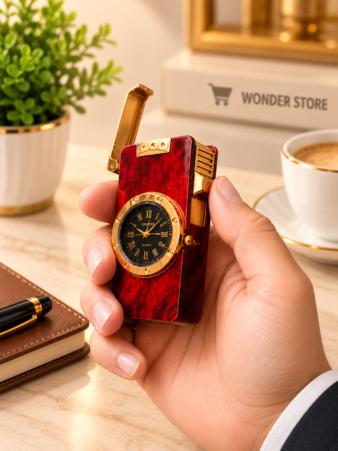 Metal Pocket Lighter with Quartz Watch, Red and Gold Vintage Design, Unique Lighter Gift for Men