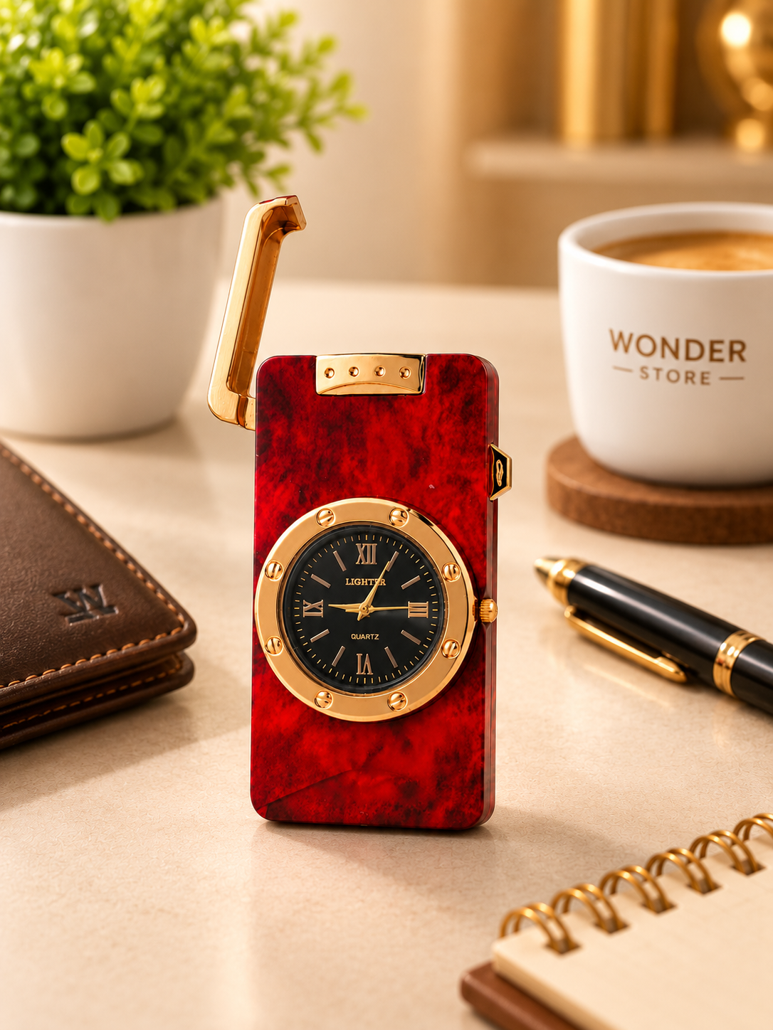 Metal Pocket Lighter with Quartz Watch, Red and Gold Vintage Design, Unique Lighter Gift for Men